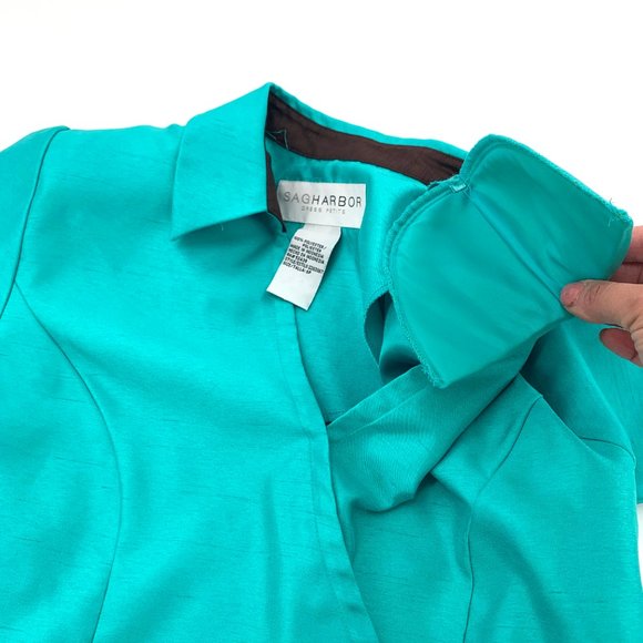 Sag Harbor Beautiful Shiny‎ Green Blouse 6 Petite Shoulder Pads Uniform Collared - Picture 6 of 9